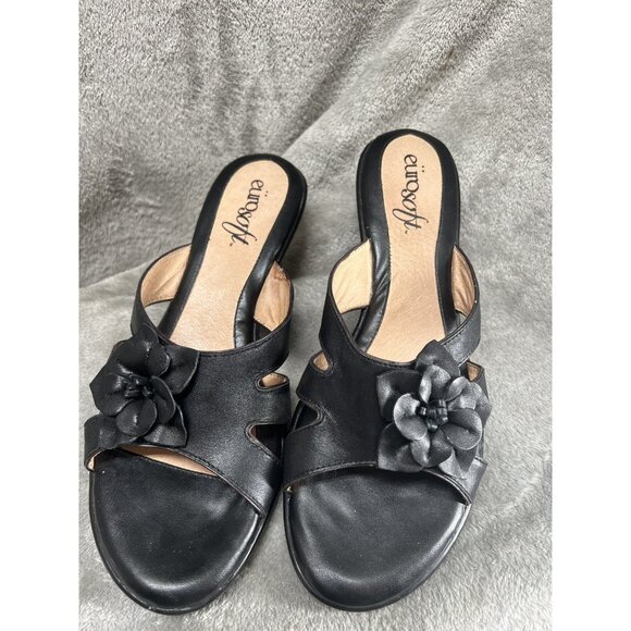 Eurosoft by Sofft Women’s Size 10M Black Leather Wedge Flower Sandals Slide - Picture 2 of 13